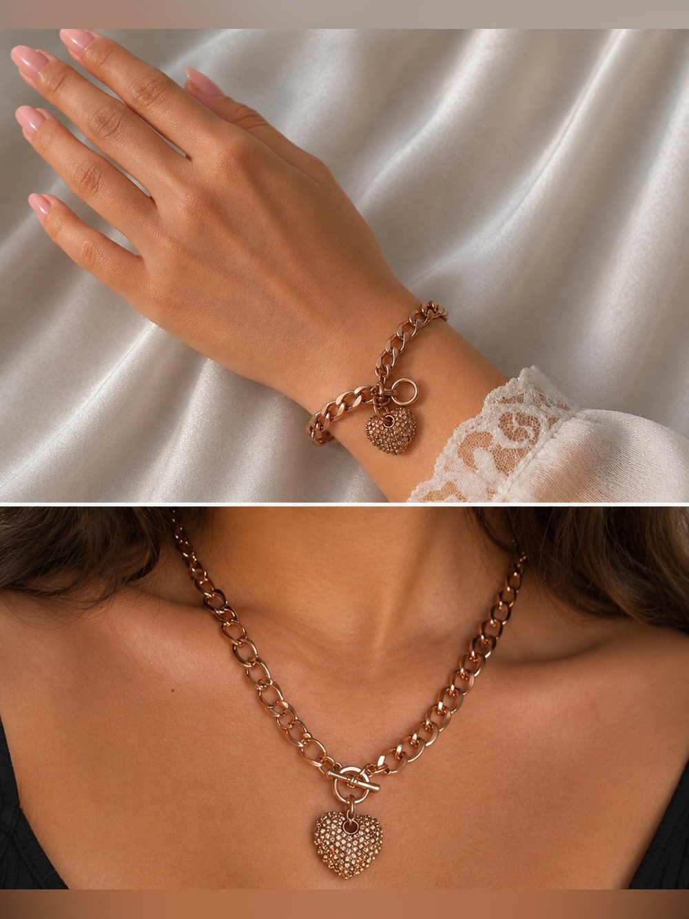 Rose Gold Heart Charm Chain Necklace & Bracelet Set